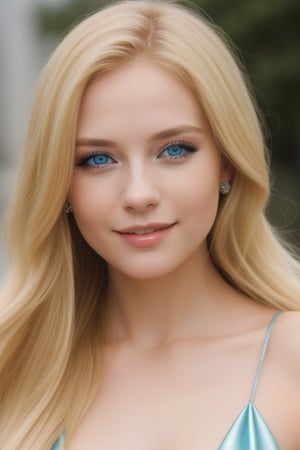 A young woman with long blonde hair, blue eyes and a radiant smile looks at the camera while walking and posing in a gala dress