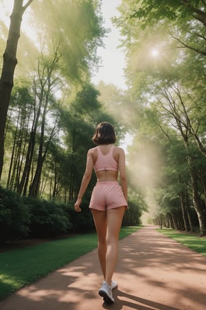 A cinematic image of a young influencer with brown hair, brown eyes and light skin, dressed in a light pink sports bra and matching shorts. A drone films her behind her. The scene captures her walking along a path in a park, surrounded by lush greenery and sunlight filtering through the trees. The image is from the perspective of the drone camera, creating a dynamic and dramatic feel with a sense of movement and adventure, as if we were looking through the drone camera.