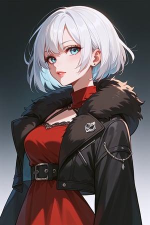 score_9, score_8_up, score_7_up, score_6_up, score_5_up, score_4_up, blue-eyed girl white hair bob cut full lips, wearing a long loose red dress wearing a black fur jacket,