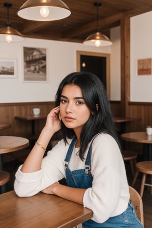 A young influencer girl with black hair, brown eyes and tanned skin is taking a selfie in a cozy cafe with wooden tables at midday. The scene is set in a vintage-style cafe. The image will be realistic and of high quality, with bright, natural midday lighting. The composition will be close-up, focusing on the girl and capturing every detail of her expression and surroundings.