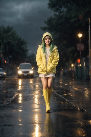 Masterpiece, top quality, 1 girl, looking at viewer, smile, long hair, choppy bangs, green hair. Hood up, yellow raincoat, girl, rain boots, wet hair, raindrops, puddles, smiling, splashing, cloudy sky, reflective strips, playing in rain, waterproof fabric Strong wind, heavy rain, storm clouds, wind noise, flying debris, lightning, traffic congestion, people seeking shelter, crashing waves, storm preparations, street road. Outdoors, dynamic, highly detailed, concept art, smooth, sharp focus.