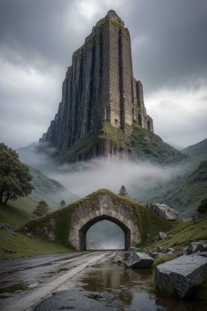 giant bridged entrance to the lost kingdom trapped in rocky mist,
mist, wild winds of raging waters,
Grey rocky landscape, slate twisting mountain , wet and dark, dank, snow capped mountains loom high in the grey mist, at the head of rugged cragsstands a towering castle hewn from the slate rock grey and shadow like, casting its presence, giant like across the dreary landscape,  

wet, torential rain, blustery, cold, cloudy, heavy rain, wet surfaces, giant rocks, 


(masterpiece,best quality:1.4),
lucid dream, fractured mind, chaos, flash, shadow, chasm

city in ruins, destruction,, black rain, mayhem

dark cavern, pit of doom, depths of tovid, lucifarion lair





