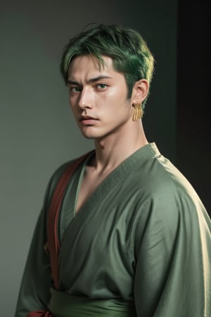 "Ultra-realistic, highly detailed portrait of Zoro from One Piece with short (green hair:1.4), sharp green eyes, (1men:1.5), straight and well-defined nose, thin and stern lips, confident and determined expression, smooth skin, wearing a samurai robe with a sash around his waist and visible scars on his face.",best quality,roronoa zoro,masterpiece, (battlefield background:1.4)