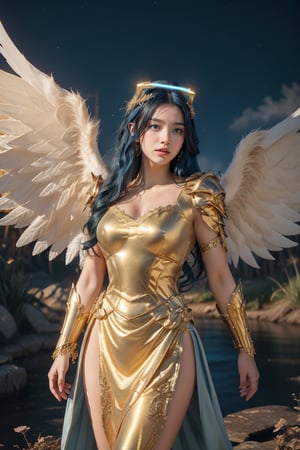 In a majestic scene, a triumphant angel girl stands proud, her Rococo-inspired iridescent wings glowing with an ethereal sheen against a dark background. Her long blue hair cascades like a river of night sky, framing her luminous face and captivating gaze. She wears golden and silver crystal armor, adorned with intricate details that shimmer in the cinematic lighting. A radiant halo surrounds her head, illuminated by the golden hour's warm tones. showcasing her stunning features as she praises with a dynamic pose, her white feathered wings spread wide. The scene is set against a heavenly background, where nimb clouds and vibrant colors come together to create a masterpiece of angelic beauty in 8K resolution, rendered by Oktavian's high-quality techniques.