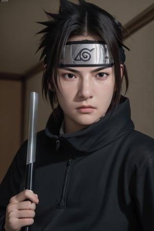 Hyperrealistic art (best quality, masterpiece:1.2), photorealistic, ultra high res, front lighting, intricate detail, Exquisite details and textures, sasuke, 1men,spiked hair, (forehead protector),  (konohagakure symbol), (headband), weapon, short sleeves, sword, ninja, high collar, short hair, sheathed, holding, japanese clothes, looking at viewer, ,detailed face, professional lighting, photon mapping, radiosity, physically-based rendering, . Extremely high-resolution details, photographic, realism pushed to extreme, fine texture, incredibly lifelike, angry facial expression