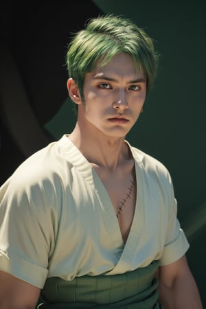 "Ultra-realistic, highly detailed portrait of Zoro from One Piece with short (green hair:1.4), sharp green eyes, (1men:1.5), straight and well-defined nose, thin and stern lips, confident and determined expression, smooth skin, wearing a samurai robe with a sash around his waist and visible scars on his face.",best quality,roronoa zoro,masterpiece, (battlefield background:1.4)