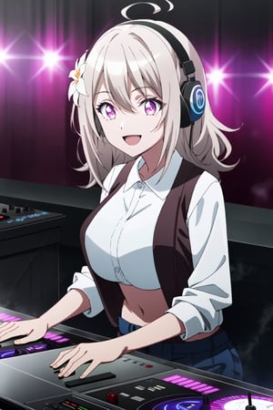 Wide shot, female_solo, 1girl, looking at viewer, 3d, anime, official style, anime coloring, anime screencap, (simple background, solid white background:1.3), lily, hair flower, bikini_top_only, white shirt, vest, ribbon, smile, headphones_around_neck, dj_turntable, indoors, drinking_alcohol, high_resolution, high detail, :d, plays DJ instrument so passionly, Best quality, high resolution photo, nightclub, dark_environment, massive_boobies, DJs concentrate on the venue, The DJ machine is exquisitely operated, full passion, enthusiasm, leds, sparkling,neon lights,Surrealism,Glowing,Fluorescent,Ultraviolet,Extreme Long-Shot,galactic,galaxy,Nightclub Lighting,Futurism,Fantasy,Style-NebMagic,party,dj