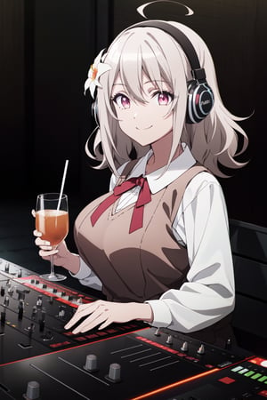 solo, 1girl, looking at viewer, 2D, anime, official style, anime coloring, anime screencap, (simple background, solid white background:1.3), lily, hair flower, school uniform, white shirt, vest, ribbon, smile, headphones_around_neck, dj_mixer_with_dj_turntables_on_both_sides, indoors, drinking_alcohol, high_resolution, high detail, :), plays DJ instrument so passionly, Best quality, high resolution photo, nightclub, dark_background, big_boobies, ,DJs concentrate on the venue, The DJ machine is exquisitely operated