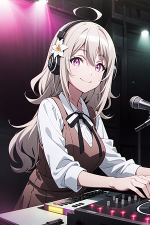 Wide shot, female_solo, 1girl, looking at viewer, 3d, anime, official style, anime coloring, anime screencap, (simple background, solid white background:1.3), lily, hair flower, school uniform, white shirt, vest, ribbon, smile, headphones_around_neck,　dj_turntable, indoors, drinking_alcohol, high_resolution, high detail, :), plays DJ instrument so passionly, Best quality, high resolution photo, nightclub, dark_background, big_boobies, DJs concentrate on the venue, The DJ machine is exquisitely operated, full passion, enthusiasm, leds, sparkling,