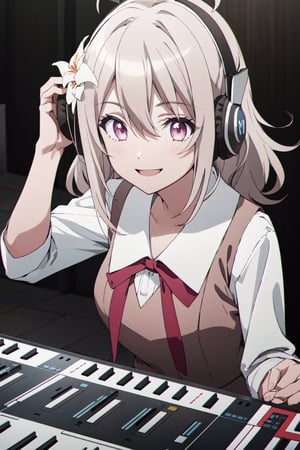 solo, 1girl, looking at viewer, 2D, anime, official style, anime coloring, anime screencap, (simple background, solid white background:1.3), lily, hair flower, school uniform, white shirt, vest, ribbon, smile, headphones_around_neck, dj_mixer_and_turntables, indoors, alcohol, high_resolution, high detail, :), plays DJ instrument so passionly, Best quality, high resolution photo
