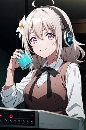 solo, 1girl, looking at viewer, 2D, anime, official style, anime coloring, anime screencap, (simple background, solid white background:1.3), lily, hair flower, school uniform, white shirt, vest, ribbon, smile, headphones_around_neck,　dj_turntables_on_both_sides, indoors, drinking_alcohol, high_resolution, high detail, :), plays DJ instrument so passionly, Best quality, high resolution photo, nightclub, dark_background, big_boobies, ,DJs concentrate on the venue, The DJ machine is exquisitely operated, Whitening effect, full passion, enthusiasm, leds, sparkling,