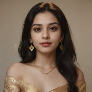 Create a highly realistic image of a 20-year-old Indian female influencer. She has glowing, medium-toned Indian skin with a smooth texture, large expressive brown eyes, and medium-length black hair styled in soft waves. Her face has a cute and hot appeal, with high cheekbones, a well-defined jawline, and a charming smile. She is wearing light, natural makeup to enhance her features, including a hint of blush, subtle eyeliner, and a nude lipstick.

She is dressed in a traditional Indian saree with a modern twist. The saree is vibrant red with intricate golden embroidery, draped elegantly over her shoulder. The blouse is fitted, with a contemporary cut, and is adorned with delicate embellishments. She is accessorized with small, tasteful earrings and a delicate necklace.

The background is neutral, ensuring that the focus remains on her face and attire. The image captures her from the front, with her body slightly angled to add depth but ensuring her face is the primary focus. Her expression is confident and friendly, with a hint of playfulness.

Please ensure the image is high-resolution and photorealistic to enable effective face-swapping for videos and images.