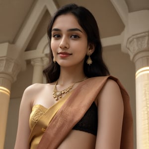 Create a highly realistic image of a 20-year-old Indian female influencer. She has glowing, medium-toned Indian skin with a smooth texture, large expressive brown eyes, and medium-length black hair styled in soft waves. Her face has a cute and hot appeal, with high cheekbones, a well-defined jawline, and a charming smile. She is wearing light, natural makeup to enhance her features, including a hint of blush, subtle eyeliner, and a nude lipstick.

She is dressed in a traditional Indian saree with a modern twist. The saree is vibrant red with intricate golden embroidery, draped elegantly over her shoulder. The blouse is fitted, with a contemporary cut, and is adorned with delicate embellishments. She is accessorized with small, tasteful earrings and a delicate necklace.

The background is neutral, ensuring that the focus remains on her face and attire. The image captures her from the front, with her body slightly angled to add depth but ensuring her face is the primary focus. Her expression is confident and friendly, with a hint of playfulness.

Please ensure the image is high-resolution and photorealistic to enable effective face-swapping for videos and images.