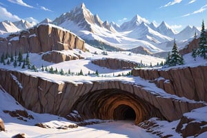 Prompt: snow mountain range, cave (entrance), ,entrering the cave, fantasy art, natural, nature