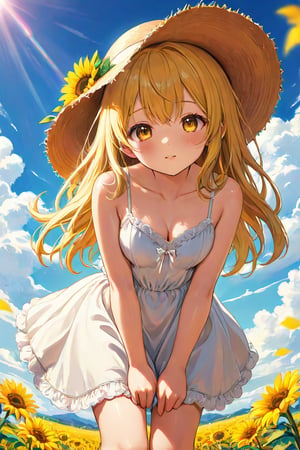 (Small:1.1) happy (loli:1.4) girl is standing in a (sunflower:0.6) field, a lot of golden colours, its dreamlike and anime, she wears plain white short (camisole:1.2) [swing dress, midi dress] dress and a straw hat and is (leaning forward), (leaning towards viewer:1.2), (centered:1.5), heat tilt, (arms behind back:1.1), cowboy shot, cleavage, medium breasts, masterpiece, highly detailed, trending on artstation, medium shot, details, sharp focus, illustration, by( jordan grimmer:1.2) and greg rutkowski, trending artstation, pixiv, digital art, (dreamlike:1.2), pastel colors, (fantasy:1.4), (head tilt:1.1), (cute pose:1.1), (lovely:1.3)