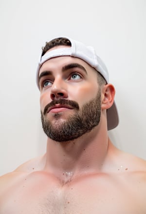 a close-up shot of a man's upper body is seen. The man's chest is covered in a light brown, braided beard and mustache, and he is wearing a white baseball cap with a black patch on the front of the cap. His eyes are dark and he has a serious expression on his face. His left ear is slightly visible, and his right ear is also visible. The backdrop is a stark white, and there are small droplets of water on the left side of the image.