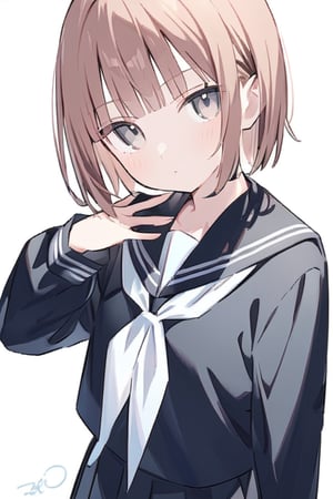 1girl, solo, looking at viewer, short hair, bangs, skirt, simple background, brown hair, shirt, long sleeves, white background, brown eyes, closed mouth, school uniform, cowboy shot, pleated skirt, serafuku, hand up, signature, black skirt, sailor collar, neckerchief, grey eyes, black shirt, red neckerchief, arm behind back, black sailor collar, black serafuku