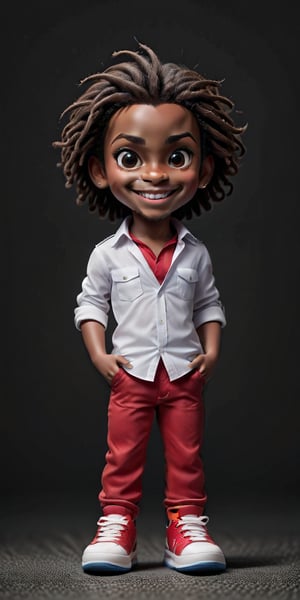 solo, looking at viewer, smile, simple background, brown hair, shirt, 1boy, white background, brown eyes, full body, male focus, shoes, pants, dark skin, chibi, grin, v, facial hair, dark-skinned male, red shirt, sneakers, beard, curly hair, realistic, double v, big hair, very dark skin, dreadlocks, afro