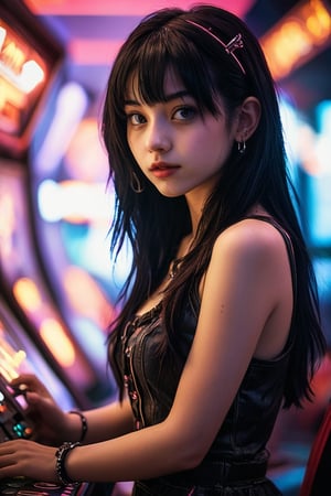 A close-up shot of a ravishing 18-year-old girl, her piercing gaze fixed on the neon-lit screens of an arcade machine. Her raven-black hair cascades down her skin, framing her smoky-eyed allure. A hint of smile plays on her plump lips as she expertly navigates the game's controls with a confident ease, her slender fingers deftly manipulating the joystick. The dimly lit arcade backdrop adds to her mysterious appeal, the hum of machines and chatter of gamers creating a lively atmosphere.