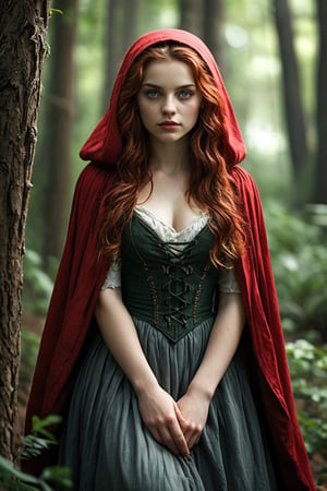 A sultry 18-year-old Red Riding Hood emerges from a dense forest, her fiery locks ablaze in the dappled sunlight filtering through the trees. Her crimson cloak flows behind her like a river of passion. The forest's secrets seem to whisper sweet nothings in her ear, and her gaze is a siren's call, beckoning all who lay eyes on her into the woods.