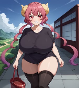 Character Ilulu from the anime Kobayashi-san Chi No Maid Dragon, 1 girl, lonely woman, small woman, dwarf woman, girlish appearance, reddish-pink hair, dragon horns, pale yellow horns, short hair, bangs, faded hair, 2-tone hair, hair with a purple tone, twin pigtails, very long twin pigtails, red eyes, dragon eyes, slanted eyes, smiling, short woman, very small woman, short height, small body, long black shirt, thigh high shirt, knee high shirt, loose shirt, black high stockings, thigh high stockings, no pants, red crocs flip flops, voluptuous body, wide hips, thick thighs, fat thighs, huge breasts, very large breasts , standing, looking at viewer, background Kobayashi-san department, landscape Kobayashi-san department.