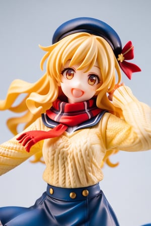 score_9, score_8_up, score_7_up, masterpiece, best quality, high resolution, 3D, PVC Style, 1girl, solo, smiling, open mouth, cute, pose, blonde hair, wavy hair, hair styled with soft curls that frame her face, orange eyes, a cropped, yellow long-sleeve yellow sweater, high-waisted blue denim skirt with a frayed hem, black thigh-high socking, red scarf, black beret, 