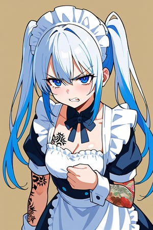 1girl, solo, twintails, tattoos, a lot of tattoos, white hair, blue hair, blue eyes, maid, maid_costume, emotionless, angry, 