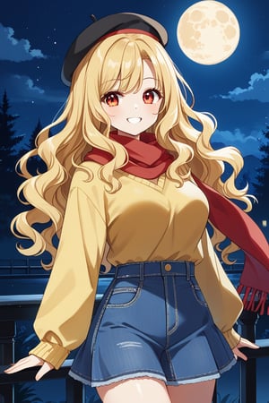 blonde hair, wavy hair, hair styled with soft curls that frame her face, orange eyes, a cropped, yellow long-sleeve yellow sweater, high-waisted blue denim skirt with a frayed hem, black thigh-high socking, red scarf, black beret, smiling, solo, night, moon,