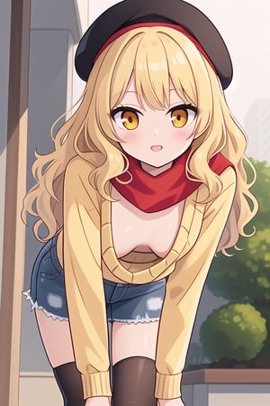 blonde hair, wavy hair, hair styled with soft curls that frame her face, orange eyes, a cropped, yellow long-sleeve yellow sweater, high-waisted blue denim skirt with a frayed hem, black thigh-high socking, red scarf, black beret,downblouse,loose t-shirt,leaning forward