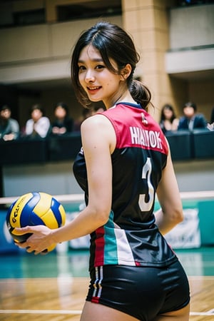 high quality image, japanese woman 40 age  in volleyball uniform, milf, house wife, sexy pose, she has brown hair, ((wedding ring)), curvy, large breasts, sweet smile, wide hips, big tail, back view, looking at viewer, different poses, different angles, volleyball court stage