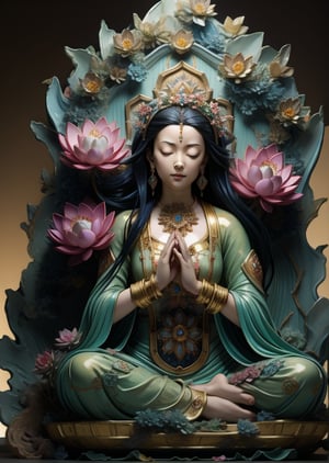 High quality, cf, 1girl, jewelry, eyes closed, solo, flowers, earrings, sitting pose, necklace, hands together, bracelet, hair accessories, hair flower, prayer, skin color, dress, facing the audience, whole body, lotus throne, positive light source Front, golden background