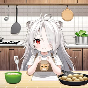 1girl, solo, Bangs  parted , long hair, bangs, , red eyes,, animal ears,,round ears,hair see-through eyes
Bangs, white tail, white hair,hair over one eye, lion ears, lion tail, lion girl,take spatula, take pot
ahoge, , , full body,kitchen,vegetables, cattle, potatoes,tabby cat ,smile