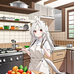 1girl, solo, Bangs  parted , long hair, bangs, , red eyes,, animal ears,,round ears,hair see-through eyes
Bangs, white tail, white hair,hair over one eye, lion ears, lion tail, lion girl,take spatula, take pot
ahoge, , , full body,kitchen,vegetables, cattle, potatoes,tabby cat ,smile