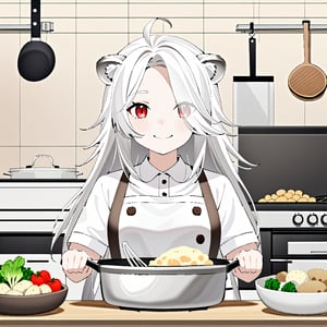 1girl, solo, Bangs  parted , long hair, bangs, , red eyes,, animal ears,,round ears,hair see-through eyes
Bangs, white tail, white hair,hair over one eye, lion ears, lion tail, lion girl,holding Spatula
ahoge, , , full body,kitchen,vegetables, cattle, potatoes ,smile,cooking