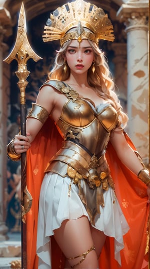 A woman, 20 years old, wearing gold armor, white pleated skirt, wearing the emperor's headdress, ancient Greek historical myth, showing power and nobility. Background elements, stone arch, ancient civilization, epic narrative atmosphere, leadership role, ritual Movie quality, super high resolution, master work, masterpiece, high resolution, super high detail, texture,posture.