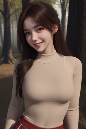 1girl，Red tights，Front body, upright, camera facing, smile, woods, very high resolution, super detail, texture, outdoor, natural light, Nikon camera, 3D rendering,Movie quality, super high resolution, master work, masterpiece, high resolution, super high detail, texture,