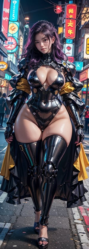 Rebeca, a striking mecha-wielding heroine from Cyberpunk, poses confidently on a vibrant city street in a medium-long shot, her short and sleek dark purple hair framing her bold features as she dramatically waves one hand above the neon-lit urban landscape. Her metallic limbs gleam alongside her black tight blouse and yellow jacket, accentuating her toned physique under the bright lights reflecting off her robotic hands. Yellow eyes shine mesmerizingly against porcelain skin as futuristic cars zip by in the detailed background, capturing this high-quality masterpiece in all its breathtaking glory.