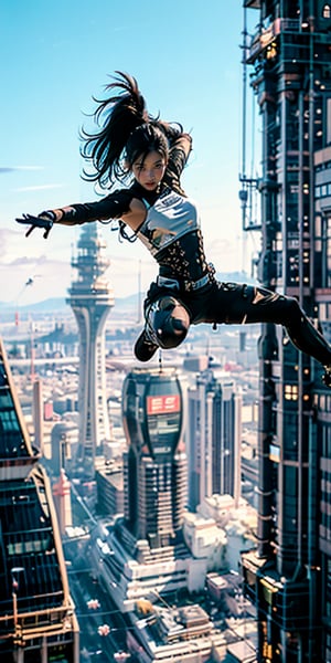 In the backdrop of Japan's Edo period, a female ninja from Iga, known for her mastery of stealth and combat, leaps through the air with a dagger in hand, her gaze icy and determined.

Dressed in a sleek black shinobi shozoku, her figure blends seamlessly with the night, allowing her to move undetected through the shadows. The form-fitting garment accentuates her agility and grants her the freedom of movement essential to her lethal craft.

With a swift and powerful bound, she defies gravity, soaring through the air with astonishing grace. Her nimble frame twists and turns, evading any potential threats or obstacles that may lie in her path. Each movement is executed with calculated precision, a testament to the countless hours she has dedicated to honing her acrobatic skills.

Her cold, piercing gaze reflects her unwavering focus and determination. It is a gaze that has seen both triumph and tribulation, and one that has learned to navigate the treacherous world of espionage and combat with unwavering resolve.

In her hand, she wields a deadly dagger, its blade gleaming with a lethal edge. The weapon is an extension of herself, a tool honed to perfection for close-quarters combat. With every leap and twist, she remains ready to strike with lethal accuracy, her training and experience ensuring that each strike is swift and fatal.

As she dances through the air, her movements reveal a mastery of both physical prowess and mental fortitude. She is a symbol of the unwavering spirit and indomitable will that define the ninja of the Edo period.

In this frozen moment, the female ninja from Iga encapsulates the enigmatic allure and deadly skill of her profession. Her cold, resolute gaze and graceful movements serve as a testament to her unwavering dedication to her craft and the indelible mark she leaves on the annals of history.