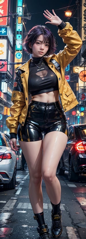 MECHA, Highly Detailed, High Quality, Masterpiece, Beatiful, (medium long shot), 1girl, solo, Rebeca from Cyberpunk, waving with one hand in the air, (eyes open, dark purple hair, short hair, robotic hands, black tight blouse, Yellow jacket from cyberpunk, black tight shorts, yellow eyes, in the street, detailed background, futuristic cars
