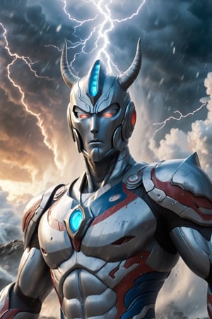 Ultraman, with horns on his head, stands in the eye of the storm, a tornado is raging, and Ultraman makes a classic move!