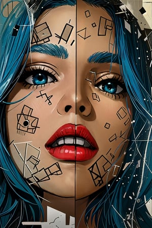 woman with blue hair, in the style of multi-layered collages, edgy street art, celebrity-portraits, cardboard, fragmented icons, realistic hyper-detail, crossed colors