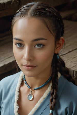 Katara from Avatar being real,photographic ultra-realistic human version,hyperrealism,sharp,glossy skin with details,hard light,chiaroscuro,photographic quality,depth of field,looking at viewer,((smirk,parted lips:1.2)),photorealistic skin details,sharp skin,photorealistic reflections,cowboy shot,(young girl,teen girl),((masterpiece,16k,UHD,high quality,absurdres,aesthetic,photographic quality,35mm,film grains,noise,depth of field,sharp details:1.4)),Katara,(blue dress fur,pingent choker),((light blue eyes:1.3)),brown hair,frontal braids