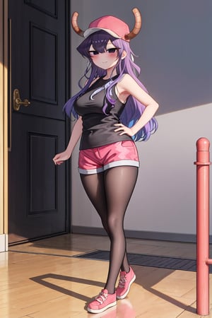 high_resolution, high quality, (masterpiece), best quality, komishouko, (((Komi san))), komi shouko, expressive eyes, full body picture, perfect face, perfect body, 1 girl, solo, standing, purple hair, cute smile, kiny eyes, sexy, blushing, thick and curvy body, small tits, normal chest, wide hips, big ass, sexy legs, thick legs, two long legs, (black sleeveless t-shirt, red cap, red two-horned cap, shorts blue, long black stockings, pink shoes, totally purple hair), sole female, room, lucoa clothing, lucoa12