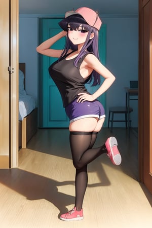 high_resolution, high quality, (masterpiece), best quality, komishouko, (((Komi san))), komi shouko, expressive eyes, full body picture, perfect face, perfect body, 1 girl, solo, random poses, po, purple hair, cute smile, kiny eyes, sexy, blushing, thick and curvy body, small tits, normal chest, wide hips, big ass, sexy legs, thick legs, two long legs, (black sleeveless t-shirt, red cap, red two-horned cap, shorts blue, long black stockings, pink shoes), sole female, room