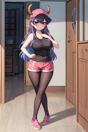 high_resolution, high quality, (masterpiece), best quality, komishouko, (((Komi san))), komi shouko, expressive eyes, full body picture, perfect face, perfect body, 1 girl, solo, standing, purple hair, cute smile, kiny eyes, sexy, blushing, thick and curvy body, small tits, normal chest, wide hips, big ass, sexy legs, thick legs, two long legs, (black sleeveless t-shirt, red cap, red two-horned cap, shorts blue, long black stockings, pink shoes, totally purple hair), sole female, room, lucoa clothing, lucoa12