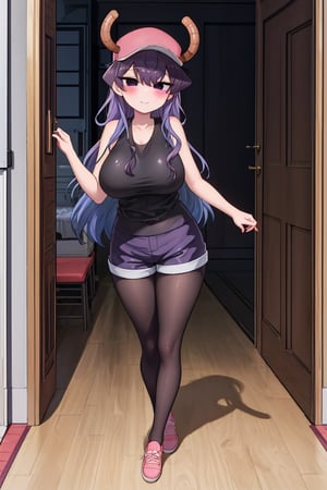 high_resolution, high quality, (masterpiece), best quality, komishouko, (((Komi san))), komi shouko, expressive eyes, full body picture, perfect face, perfect body, 1 girl, solo, standing, purple hair, cute smile, kiny eyes, sexy, blushing, thick and curvy body, small tits, normal chest, wide hips, big ass, sexy legs, thick legs, two long legs, (black sleeveless t-shirt, red cap, red two-horned cap, shorts blue, long black stockings, pink shoes, totally purple hair), sole female, room, lucoa clothing, lucoa12