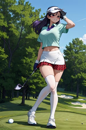 high_resolution, high quality, (masterpiece), best quality, komishouko, (((Komi san))), komi shouko, expressive eyes, full body picture, perfect face, perfect body, 1 girl, solo, random poses, po, purple hair, cute smile, kiny eyes, sexy, blushing, thick and curvy body, normal tits, normal breasts, wide hips, big ass, sexy legs, thick legs, two long legs, (lGolf T-shirts, Skirts or Skorts, Caps or Visors, White Golf Gloves, Golf Shoes, Technical Underwear, Sunglasses in hair, Golf club in hand, over knee socks), sole female, Green field, golf course, 