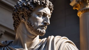 black and white statue of philosopher Marcus Aurelius with muscular body 