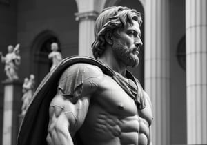 black and white statue of philosopher Marcus Aurelius with muscular body 