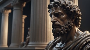 statue of philosopher Marcus Aurelius with muscular body from the side,sitting on a ladder, strong arms, close-up, Hercules style, cinematic, 8k, black background, perfect composition, beautiful and intricate and insanely detailed octane rendering, trend in art station , 8k artistic photography, photorealistic concept art, smooth natural volumetric cinematic perfect light, chiaroscuro, award-winning photography, masterpiece, oil on canvas, raphael, caravaggio, greg rutkowski, beeple, beksinski, giger, 